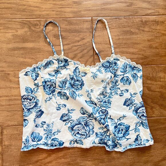 Vintage Victoria's Secret Sleep Tank Top Cami Size P Blue White Floral Lace - Picture 1 of 7